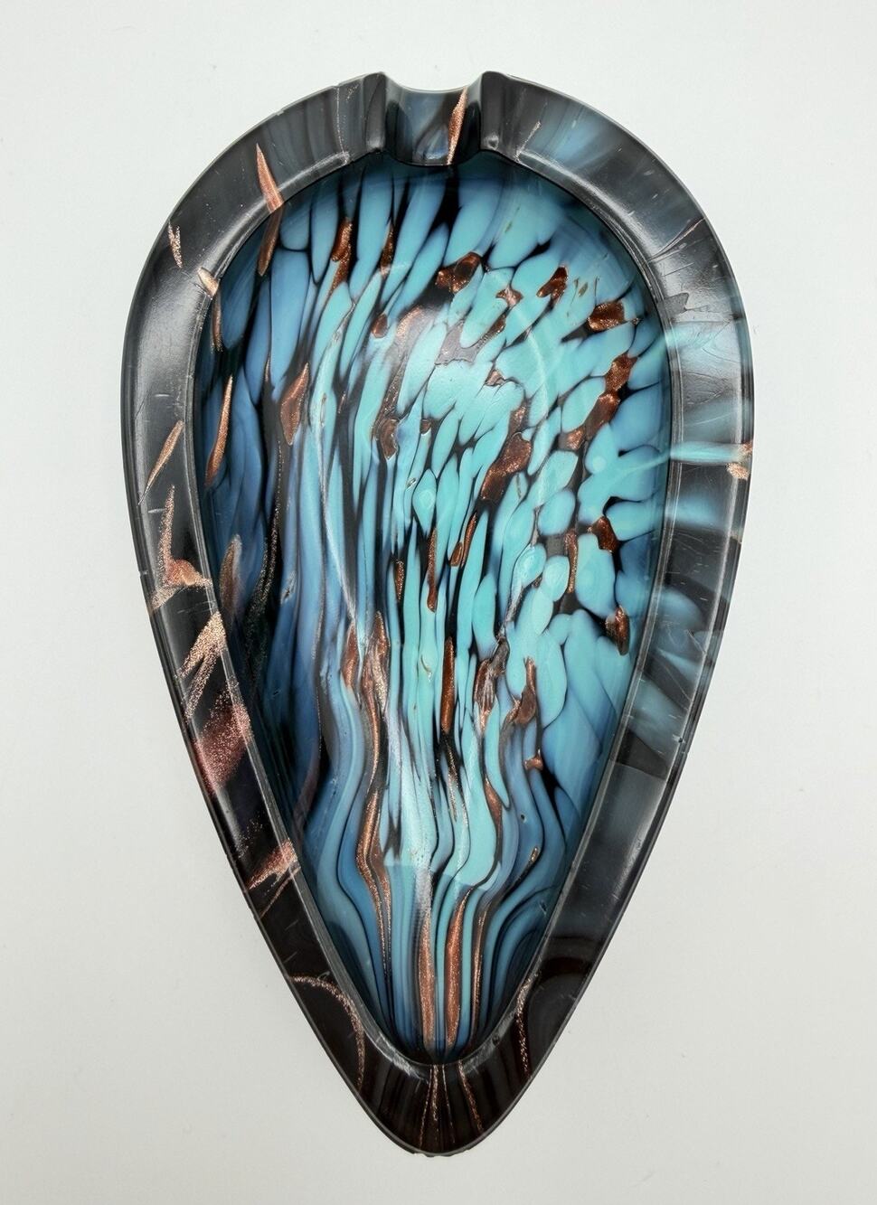 Murano Vincenzo Nason Avventurina Black Teal Copper Glass Teardrop Ashtray 1960s